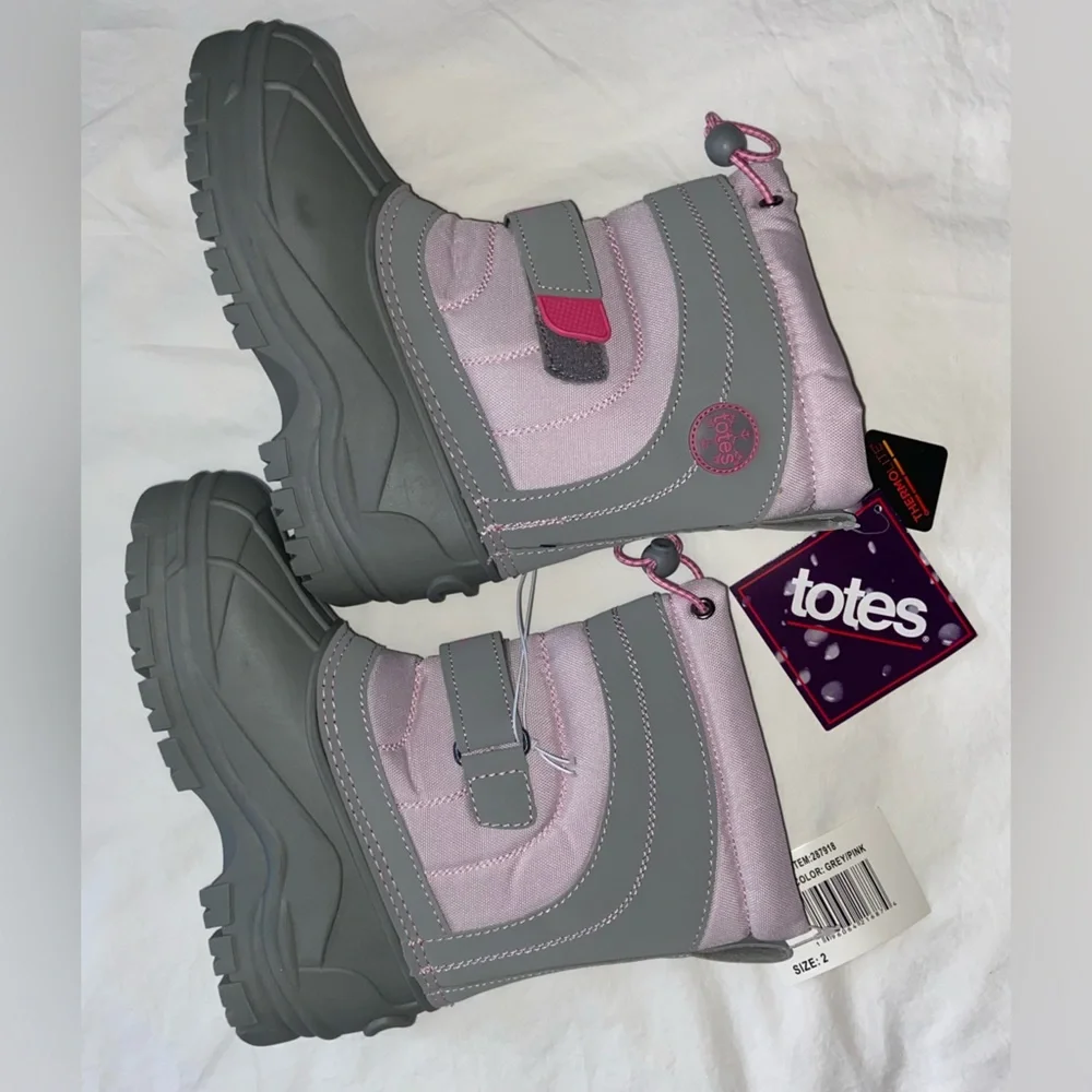 NWT Totes Sz-2 GS Kids Pink/Gray Warm Winter Snow Boots-Great Tread, Easy On/Off